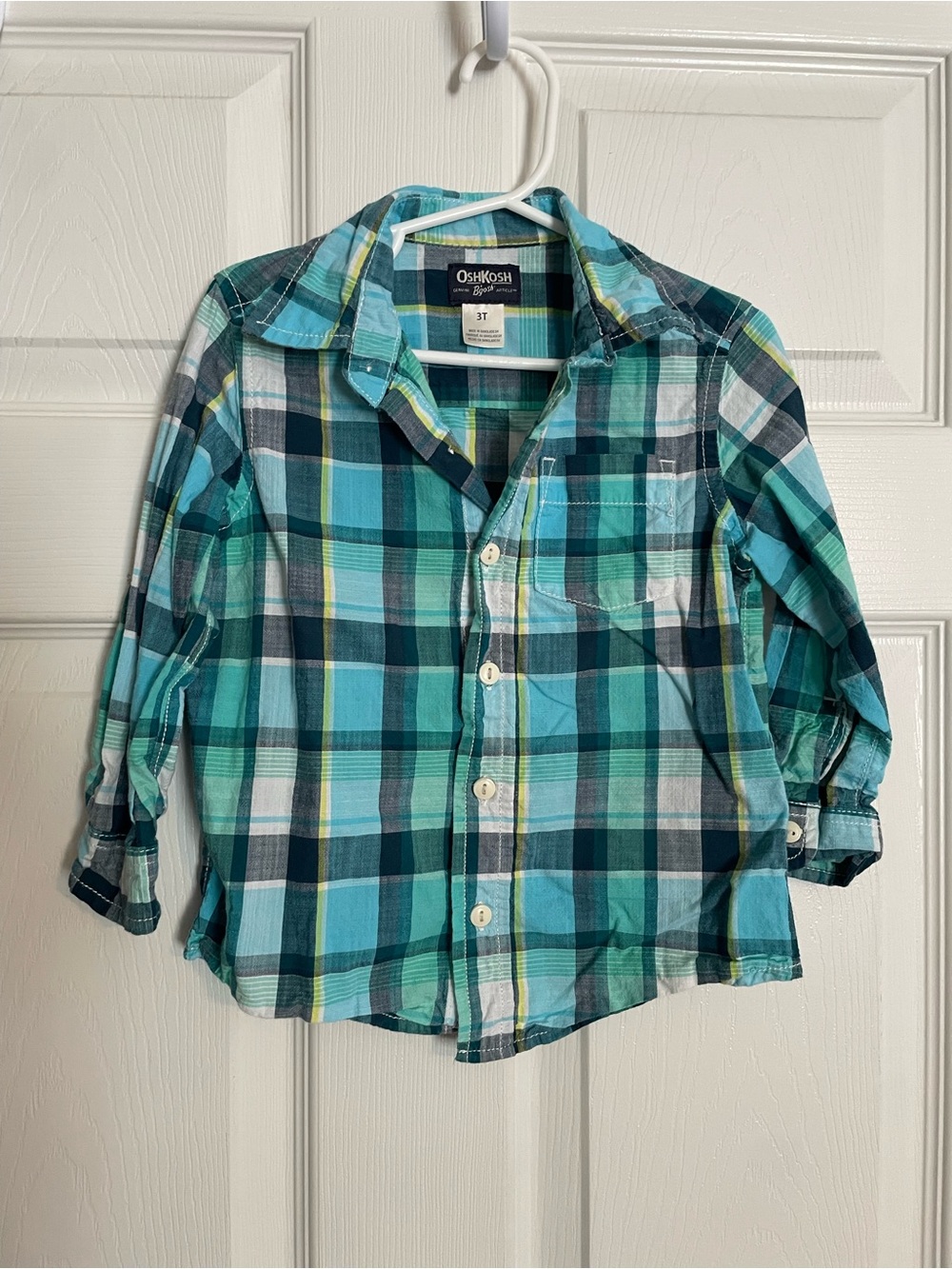 OshKosh B'gosh 100% Cotton Size 3T Teal & Blue Plaid Button-Down Shirt